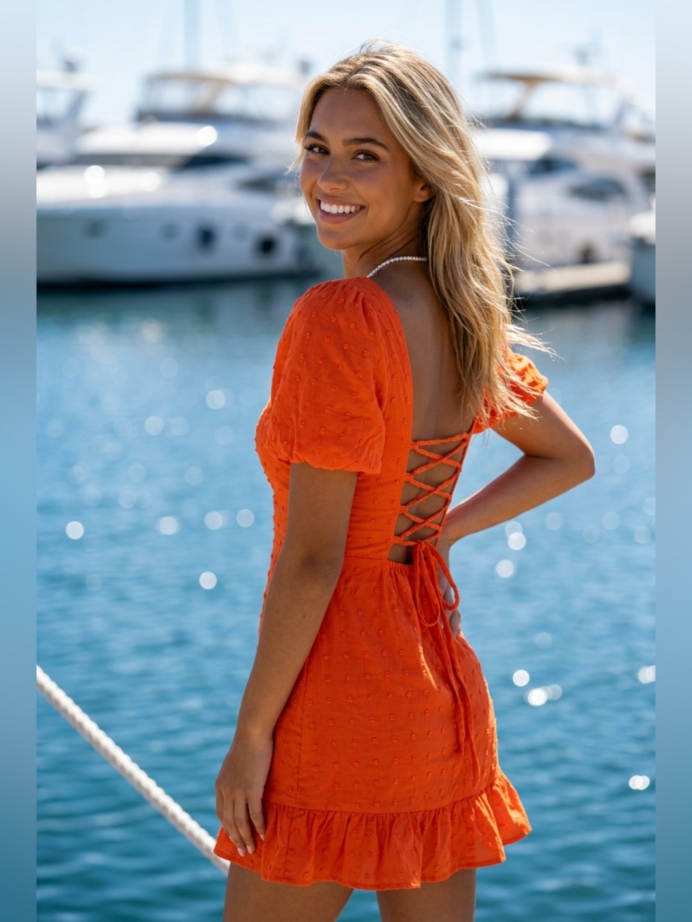 Square Neck Red Orange Puff Sleeve Mini Dress - Picture 5 of 16